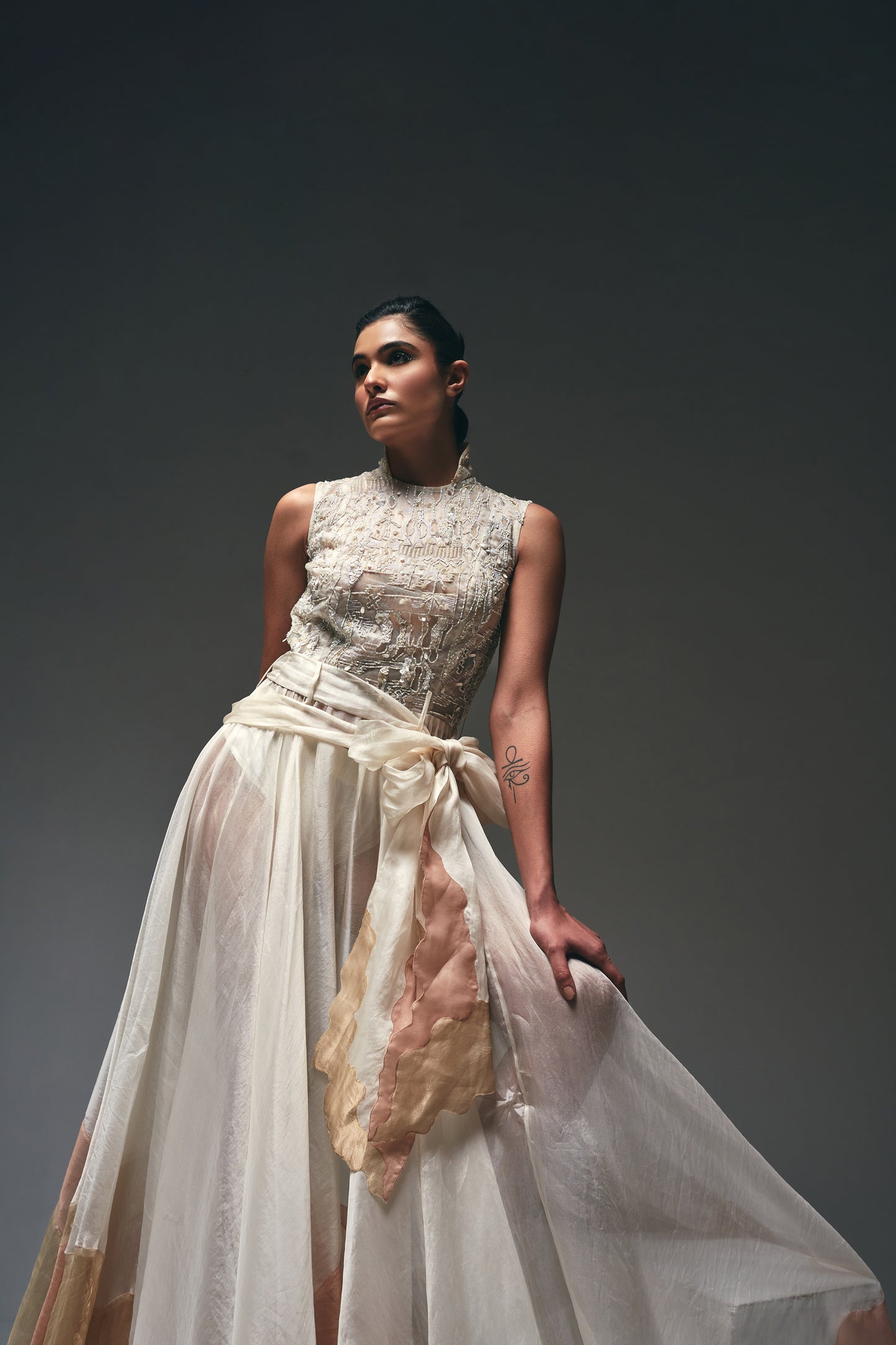 Curtain drape asymmetrical flare gown