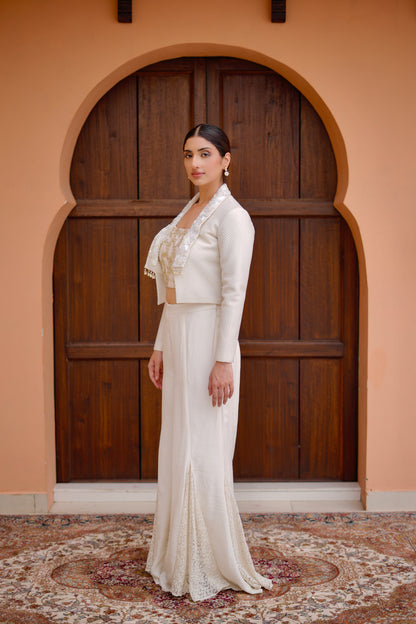 Off White Sequined Blouse With Flared Palazzo And Embellished Indo Western Jacket