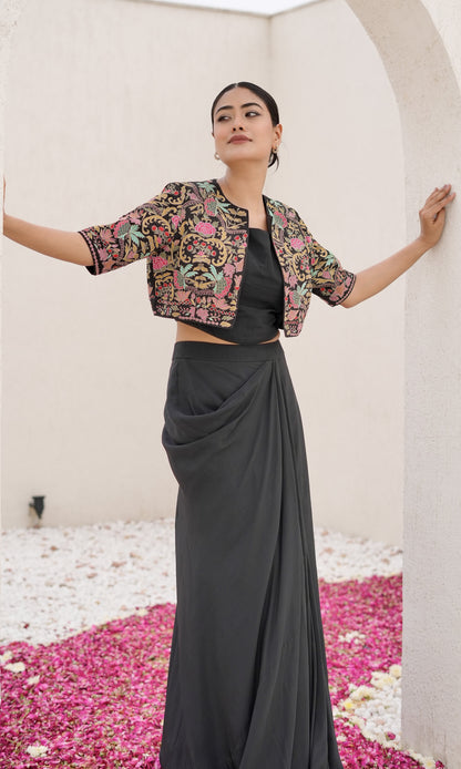 Black 3 pc set with heavy thread work short jacket