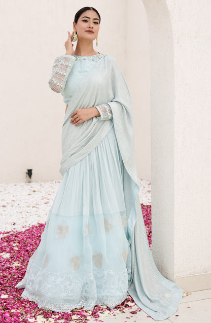 Ice Blue Lehenga Saree With Sequence Pallu