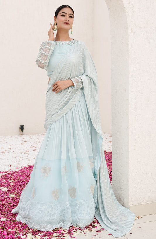 Ice Blue Lehenga Saree With Sequence Pallu