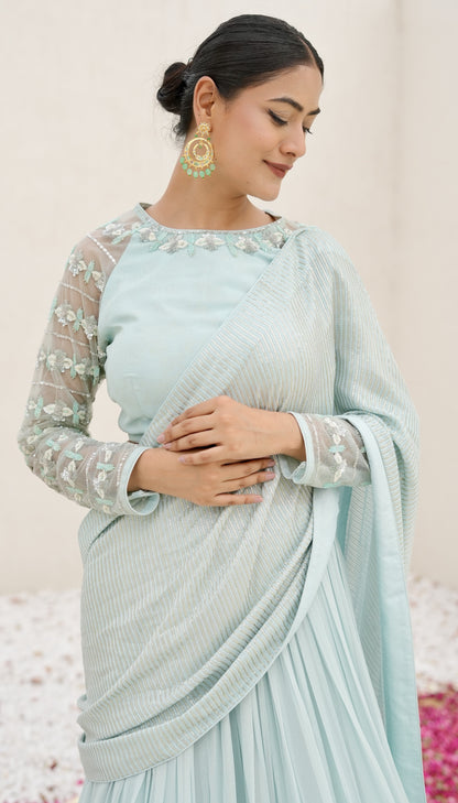 Ice Blue Lehenga Saree With Sequence Pallu