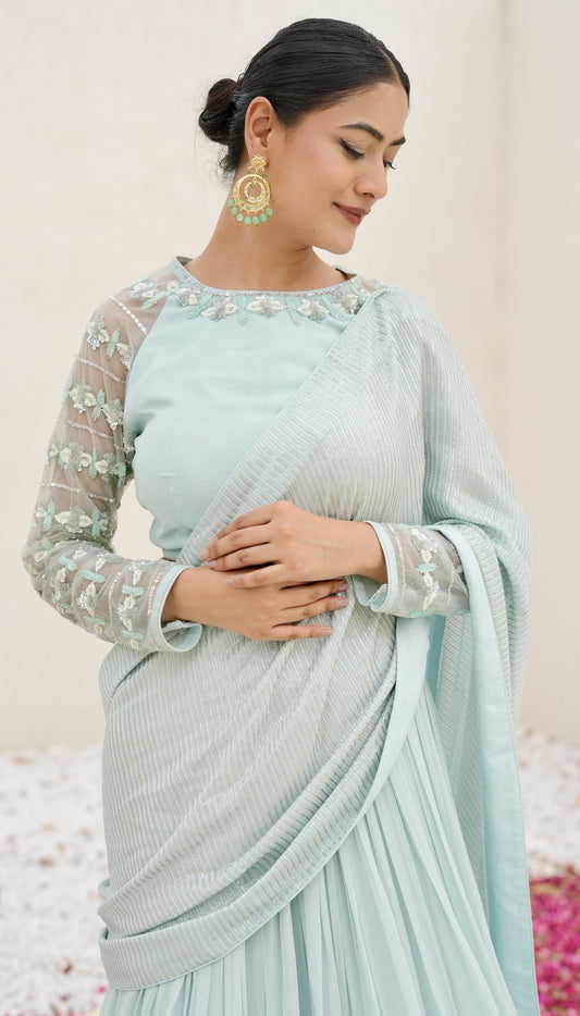 Ice Blue Lehenga Saree With Sequence Pallu
