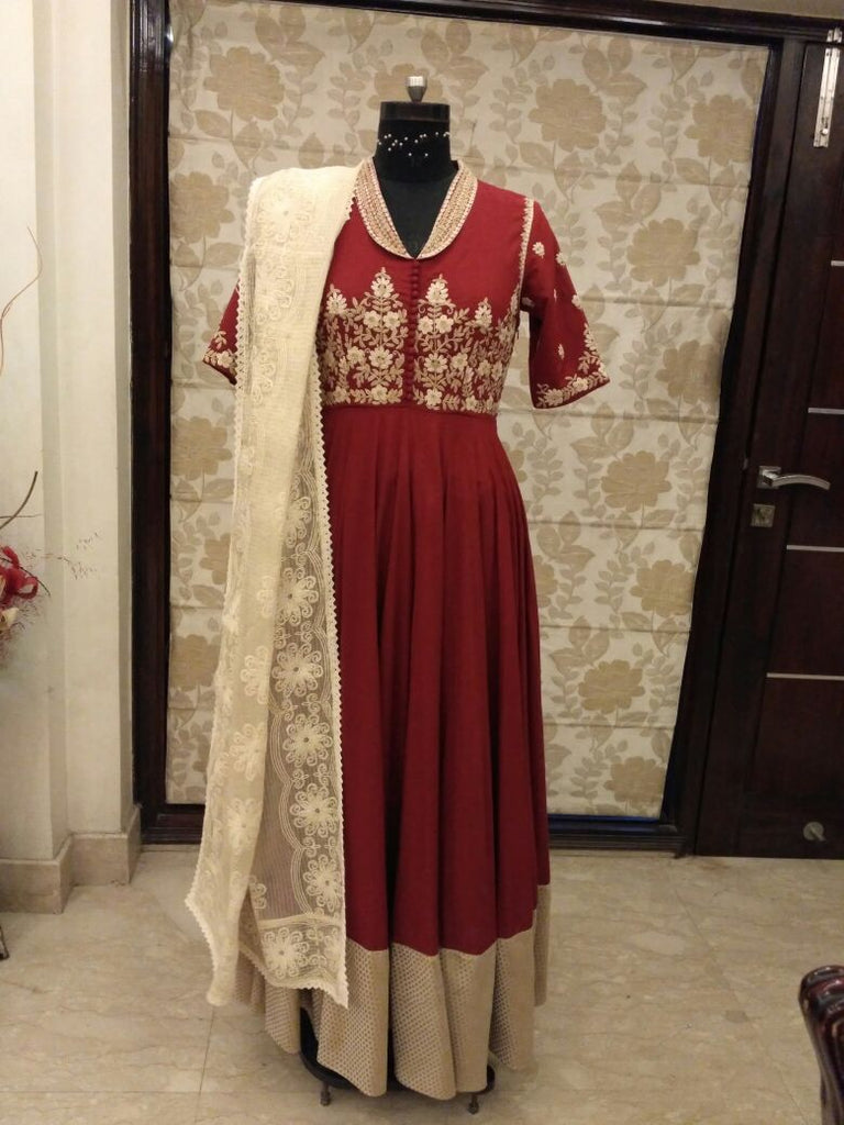 Red silk yoke with wrinkle kali colourful  thread work round shape design self georgatte
