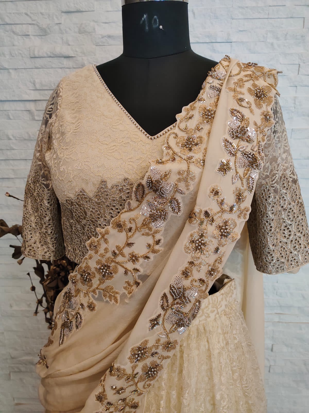 Light Gold Half Pleat Half Chandelier Saree