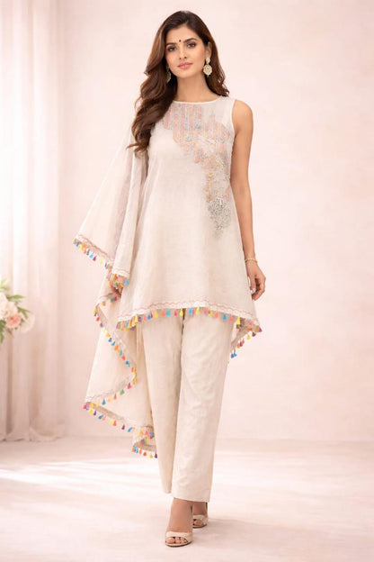 Beige kaftaan with pastel embroidery, flowy fit, and tassel detailing for a subtle festive look.