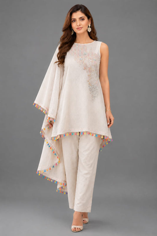 Beige kaftaan with pastel embroidery, flowy fit, and tassel detailing for a subtle festive look.