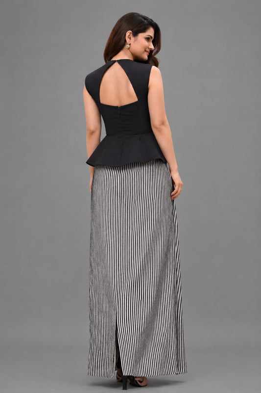 Black peplum top with black sequence skirt