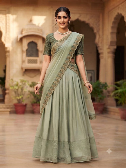 Soft sage green / pastel green lehenga saree .