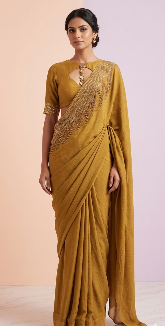 Mehendi Green Georgette Saree with Wave-Embroidered Pallu and Keyhole Blouse