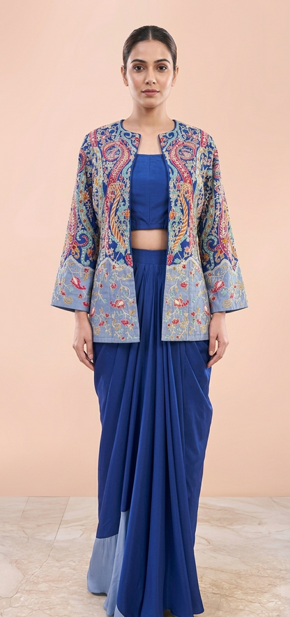 Regal Indigo Dhoti Drape Set with heavy thread work Jacket