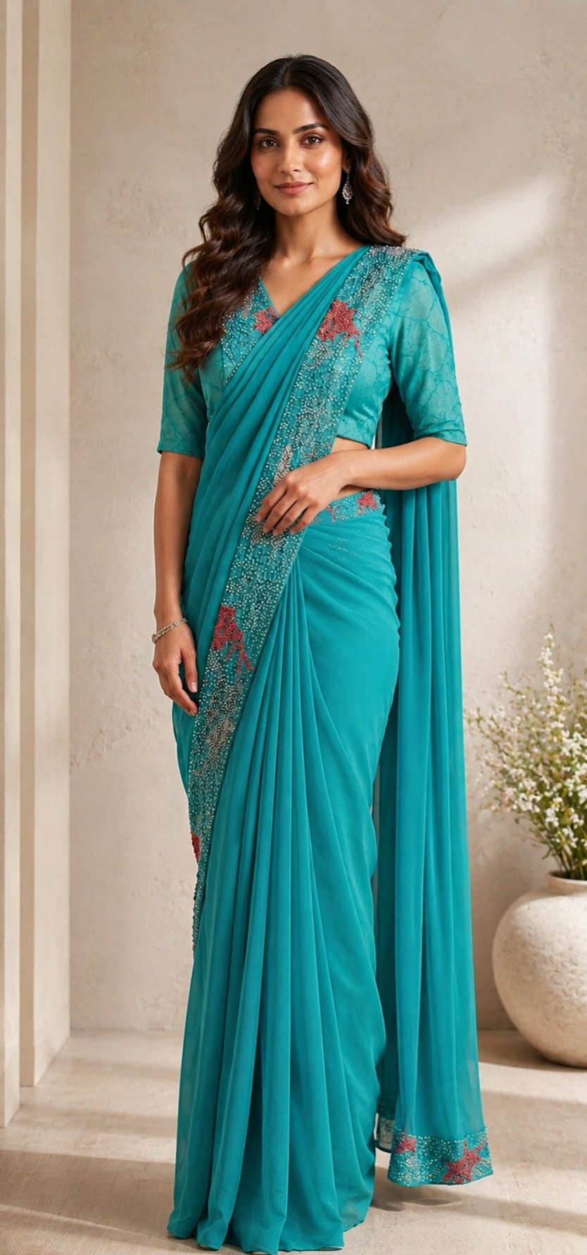 Sea Green Silk Saree with Intricate Border Beadwork and Floral Accents