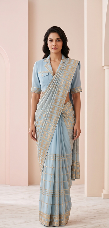 Powder Blue Saree with Geometric Gold Embellishments and Blazer-Collar Blouse