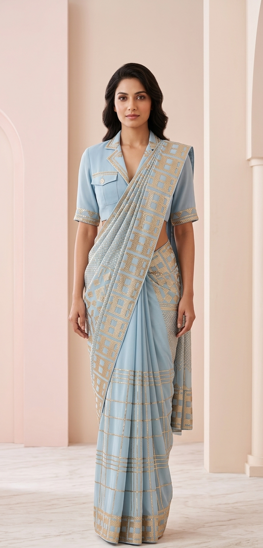 Powder Blue Saree with Geometric Gold Embellishments and Blazer-Collar Blouse