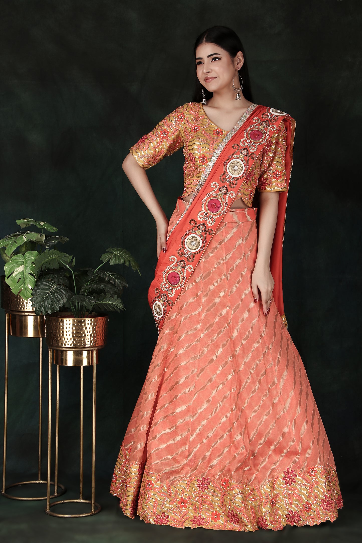 Elegant Orange Lehenga Saree with Rich Weaving Contrast Yellow Blouse And Handworked Silk Pallu