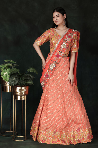 Elegant Orange Lehenga Saree with Rich Weaving Contrast Yellow Blouse And Handworked Silk Pallu