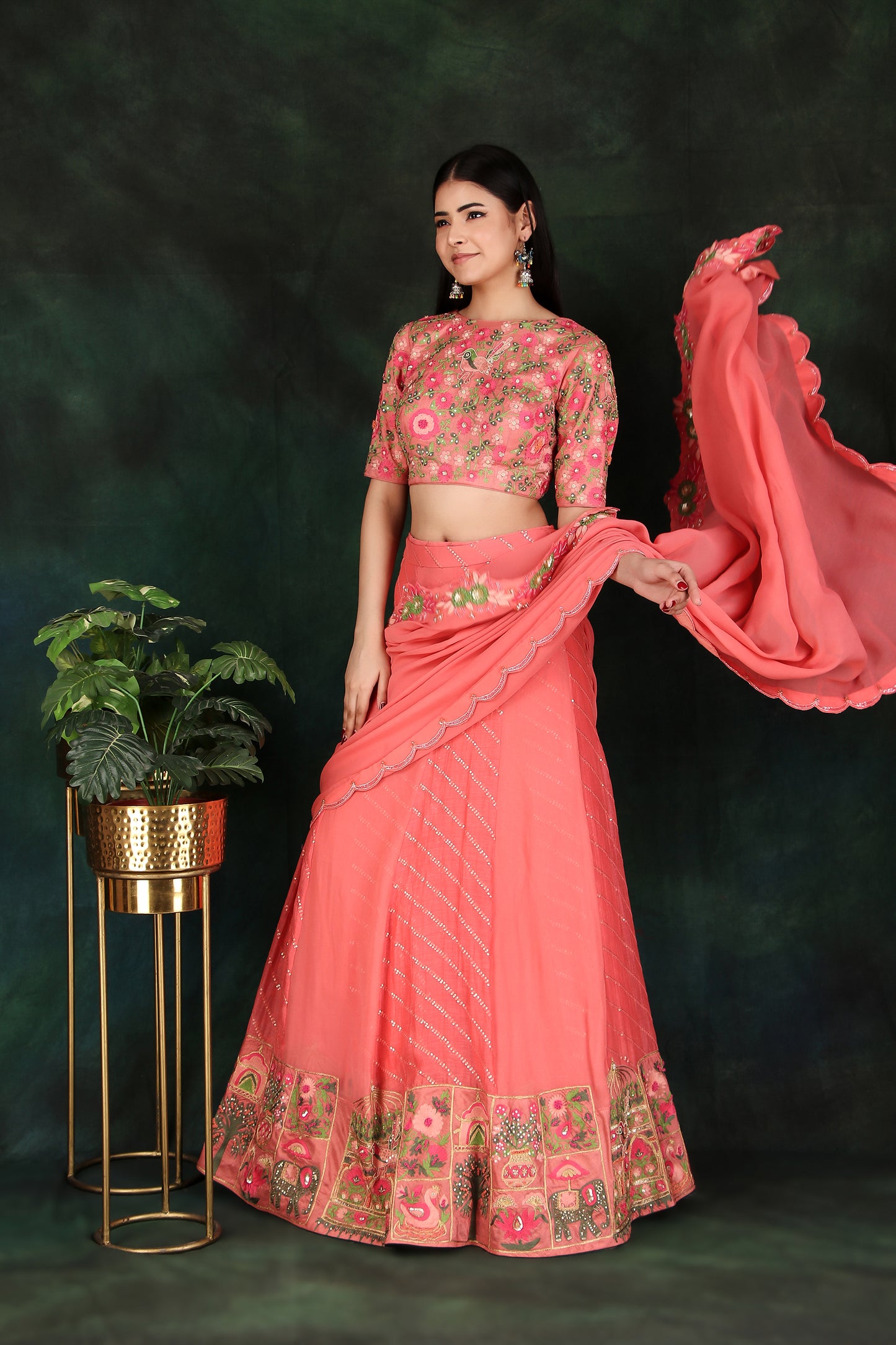 Dark Peach Lehenga Saree with Draped Pallu & Elephant Motif Border Blouse Set
