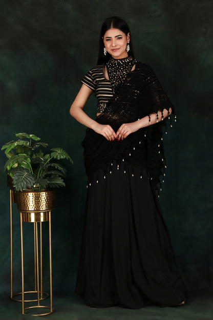 Black Box Pleat Saree With Fancy Cutdana Sequin And Metal Work Stripe Blouse