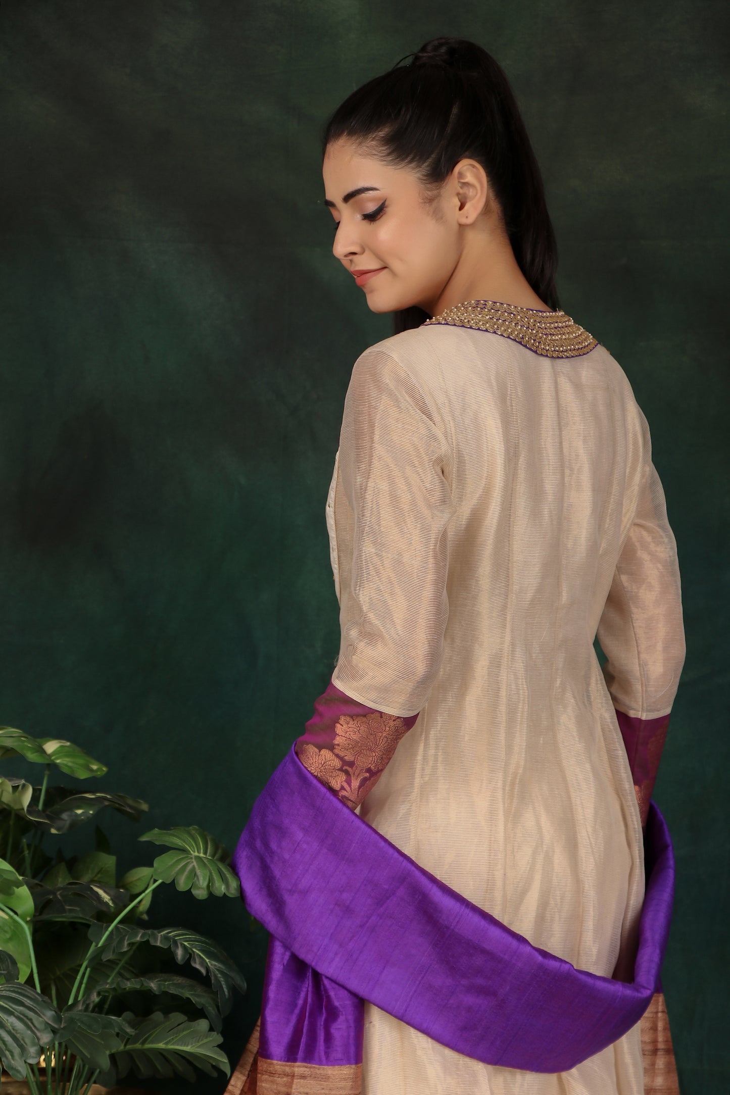 Elegant Cream Tissue Anarkali Suit with Dupion Silk Pant and Raw Silk Dupatta