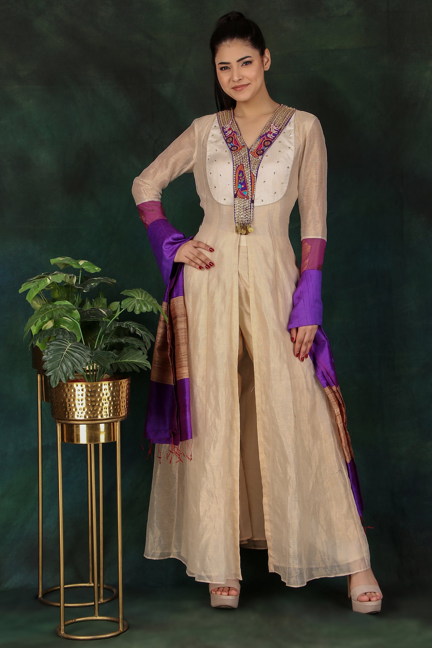 Elegant Cream Tissue Anarkali Suit with Dupion Silk Pant and Raw Silk Dupatta