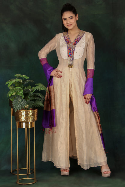 Elegant Cream Tissue Anarkali Suit with Dupion Silk Pant and Raw Silk Dupatta