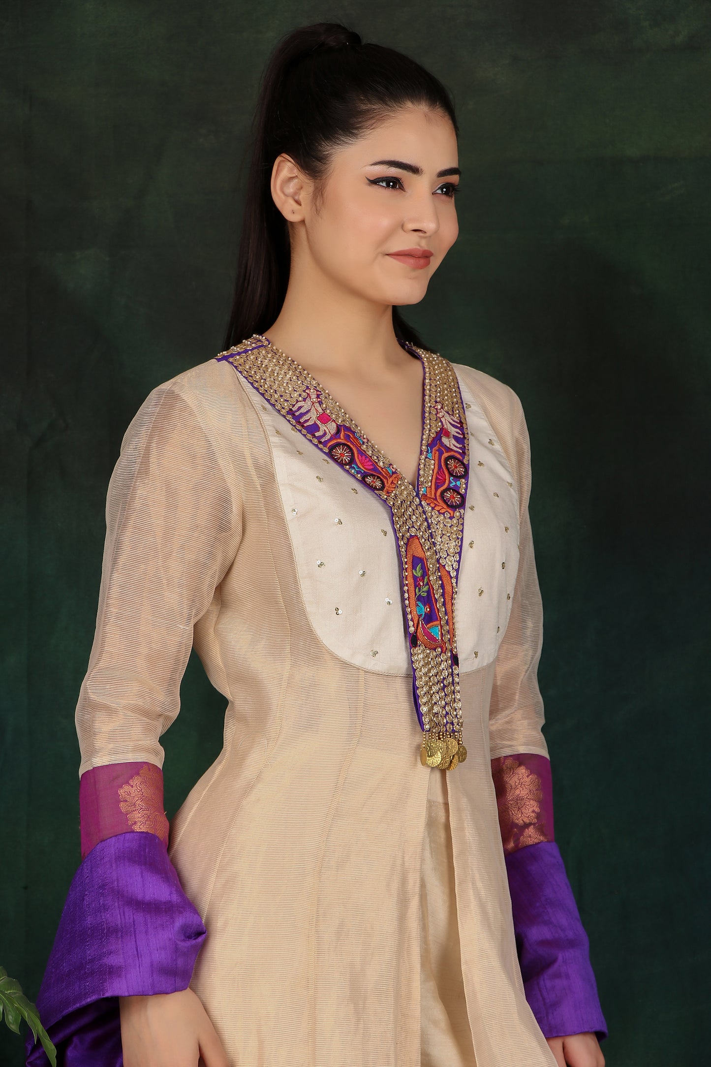 Elegant Cream Tissue Anarkali Suit with Dupion Silk Pant and Raw Silk Dupatta