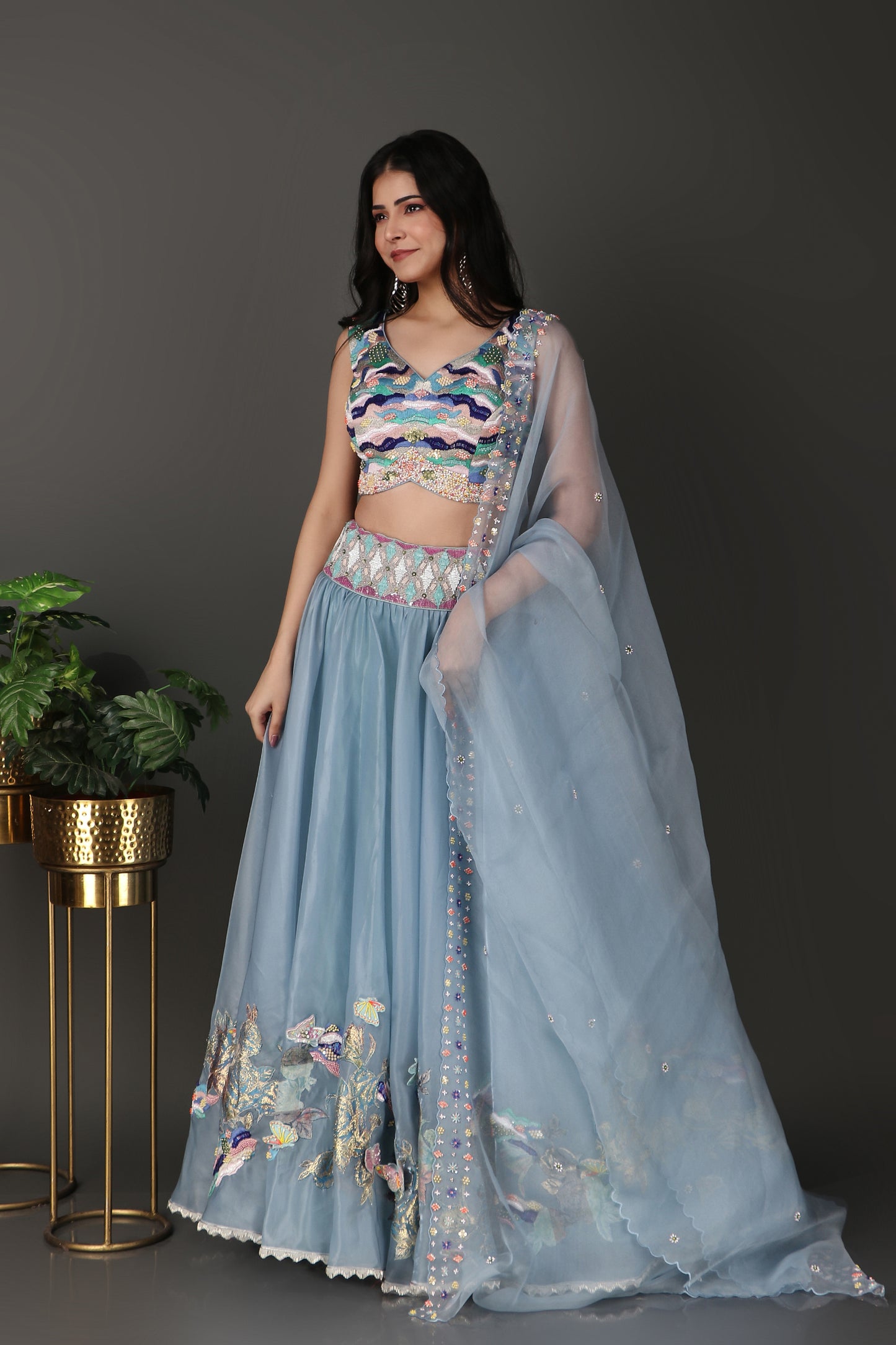 Ice Blue Embroidered Lehenga Choli with Heavy Blouse Detailing
