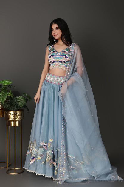 Ice Blue Embroidered Lehenga Choli with Heavy Blouse Detailing