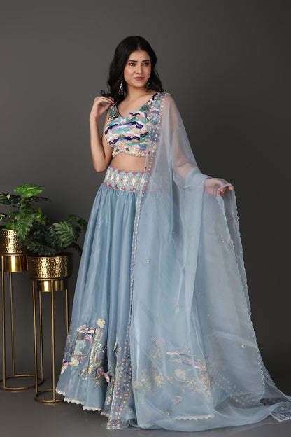 Ice Blue Embroidered Lehenga Choli with Heavy Blouse Detailing