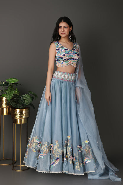 Ice Blue Embroidered Lehenga Choli with Heavy Blouse Detailing