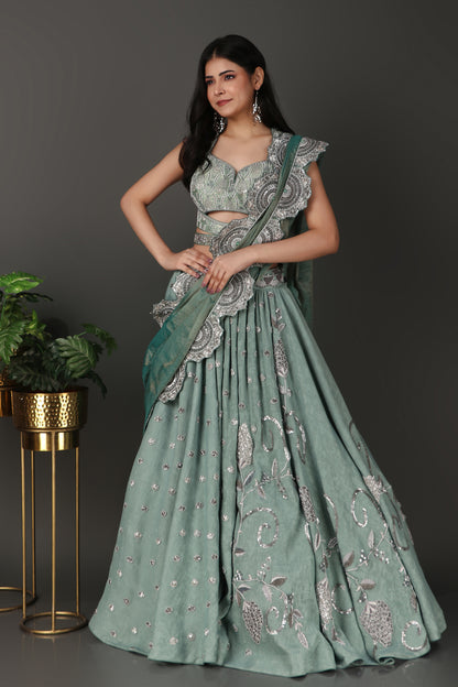 Sea Green Luxury Wrinkle Lehenga Set Featuring Heavy Hand Embroidery