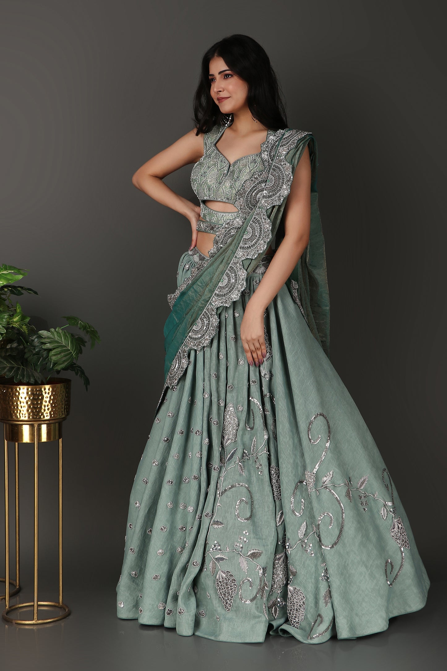 Sea Green Luxury Wrinkle Lehenga Set Featuring Heavy Hand Embroidery