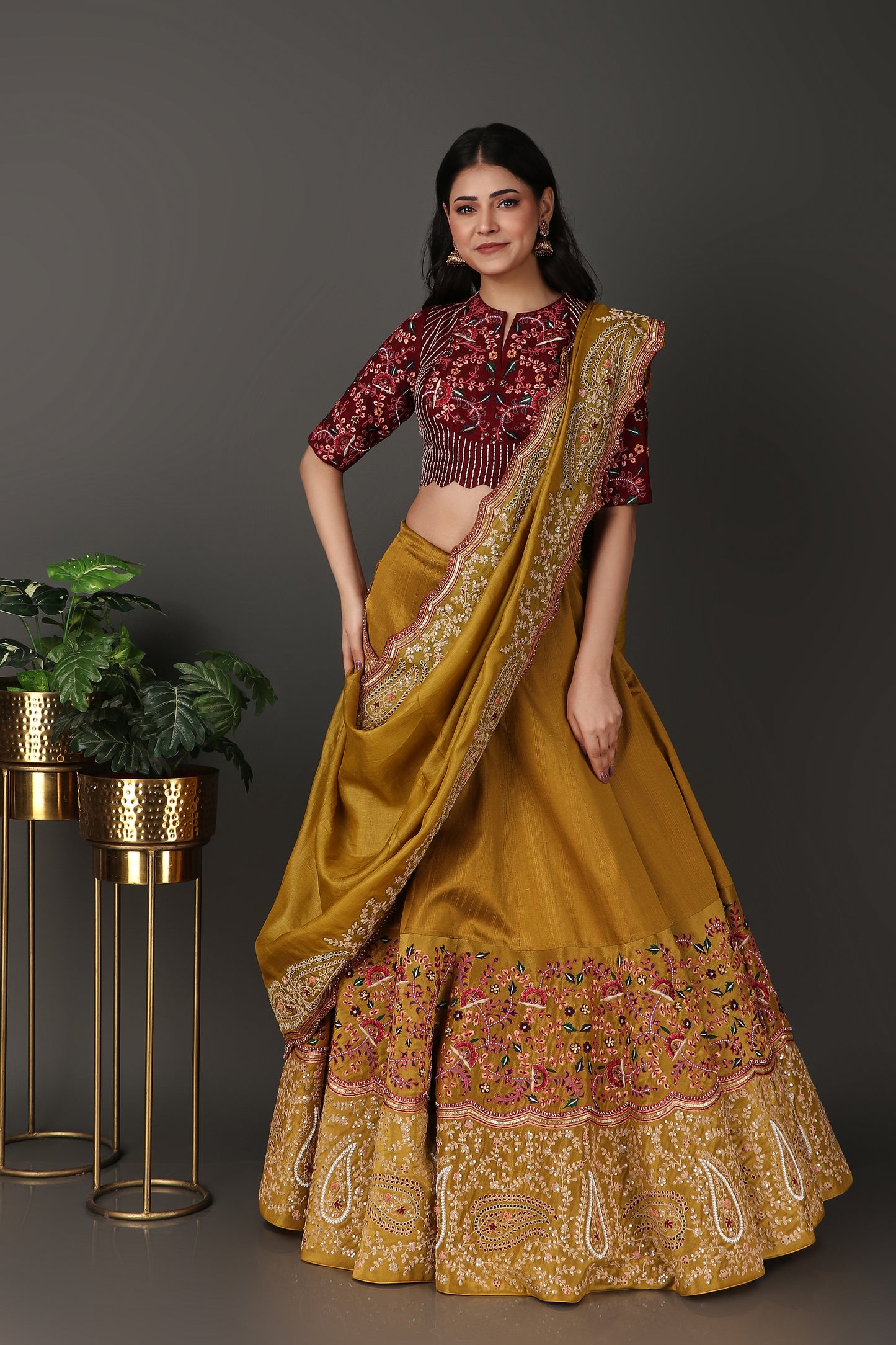 Golden Green Luxury Lehenga Choli with Elegant Maroon Blouse