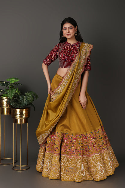 Golden Green Luxury Lehenga Choli with Elegant Maroon Blouse
