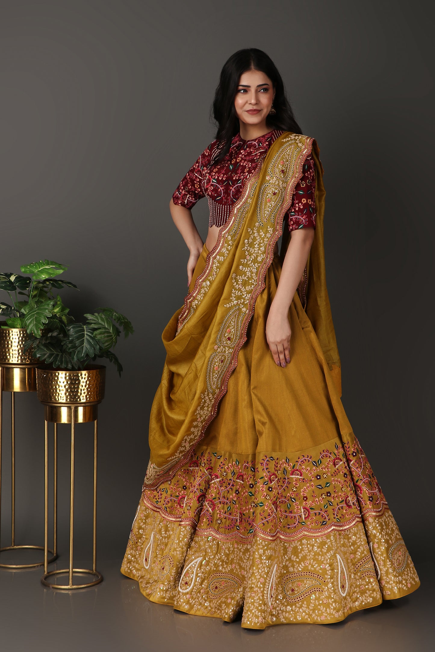 Golden Green Luxury Lehenga Choli with Elegant Maroon Blouse