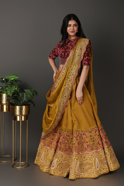 Golden Green Luxury Lehenga Choli with Elegant Maroon Blouse