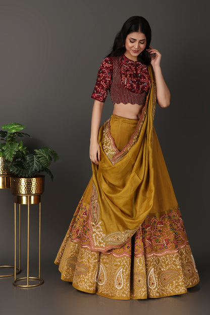 Golden Green Luxury Lehenga Choli with Elegant Maroon Blouse