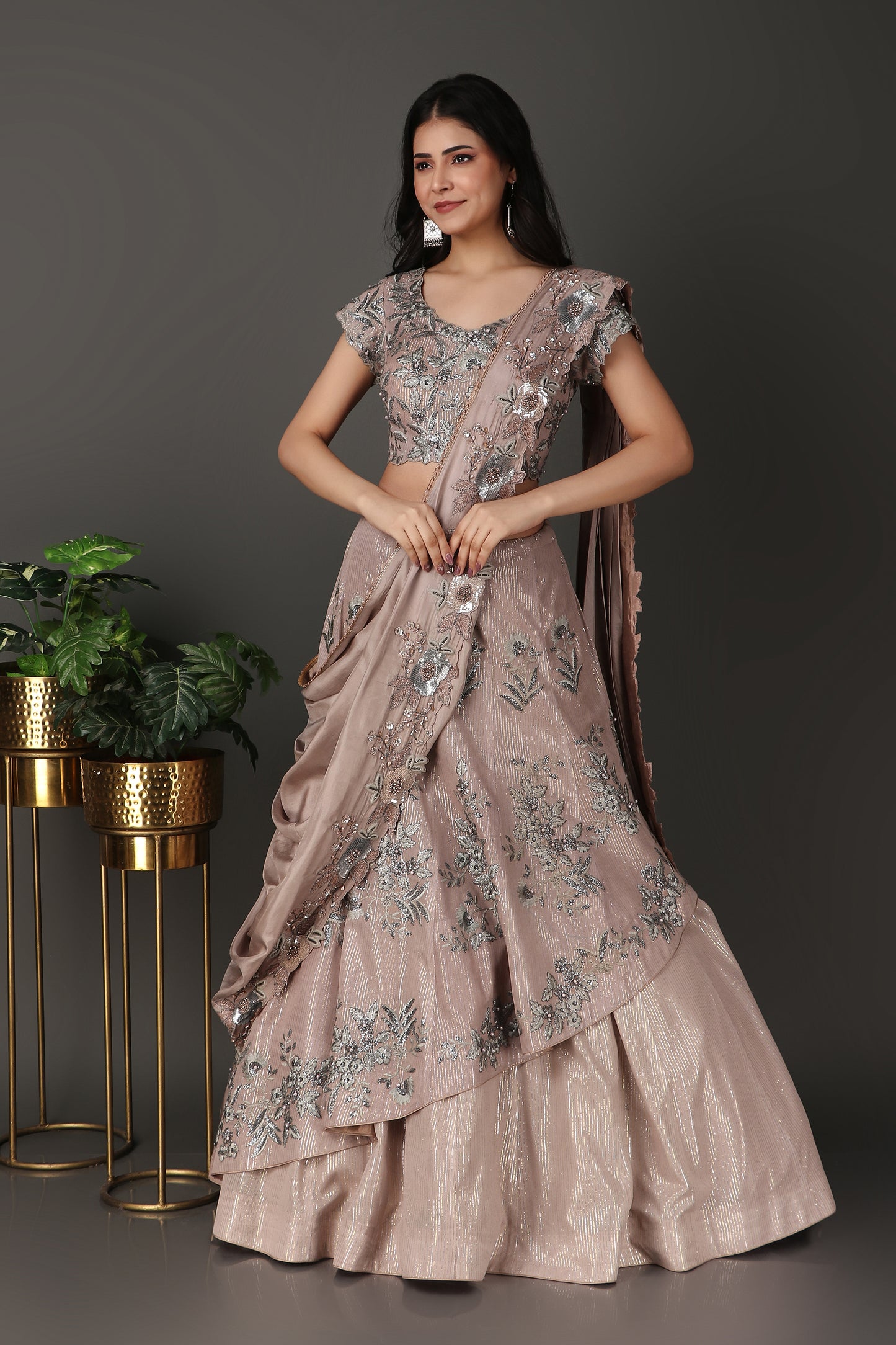 Traditional Mouse Coloured Saree with Cutdana Pearl And Stripe Zari Design