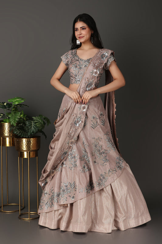 Traditional Mouse Coloured Saree with Cutdana Pearl And Stripe Zari Design