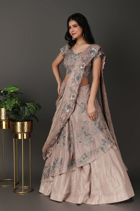 Traditional Mouse Coloured Saree with Cutdana Pearl And Stripe Zari Design