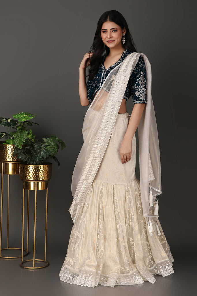 Navy Blue Drape Saree With Velvet Blouse
