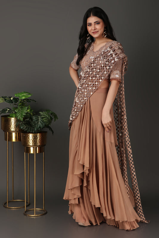 Brown Designer Drape Saree in Georgette Crepe With Cutdana And Pearl Work