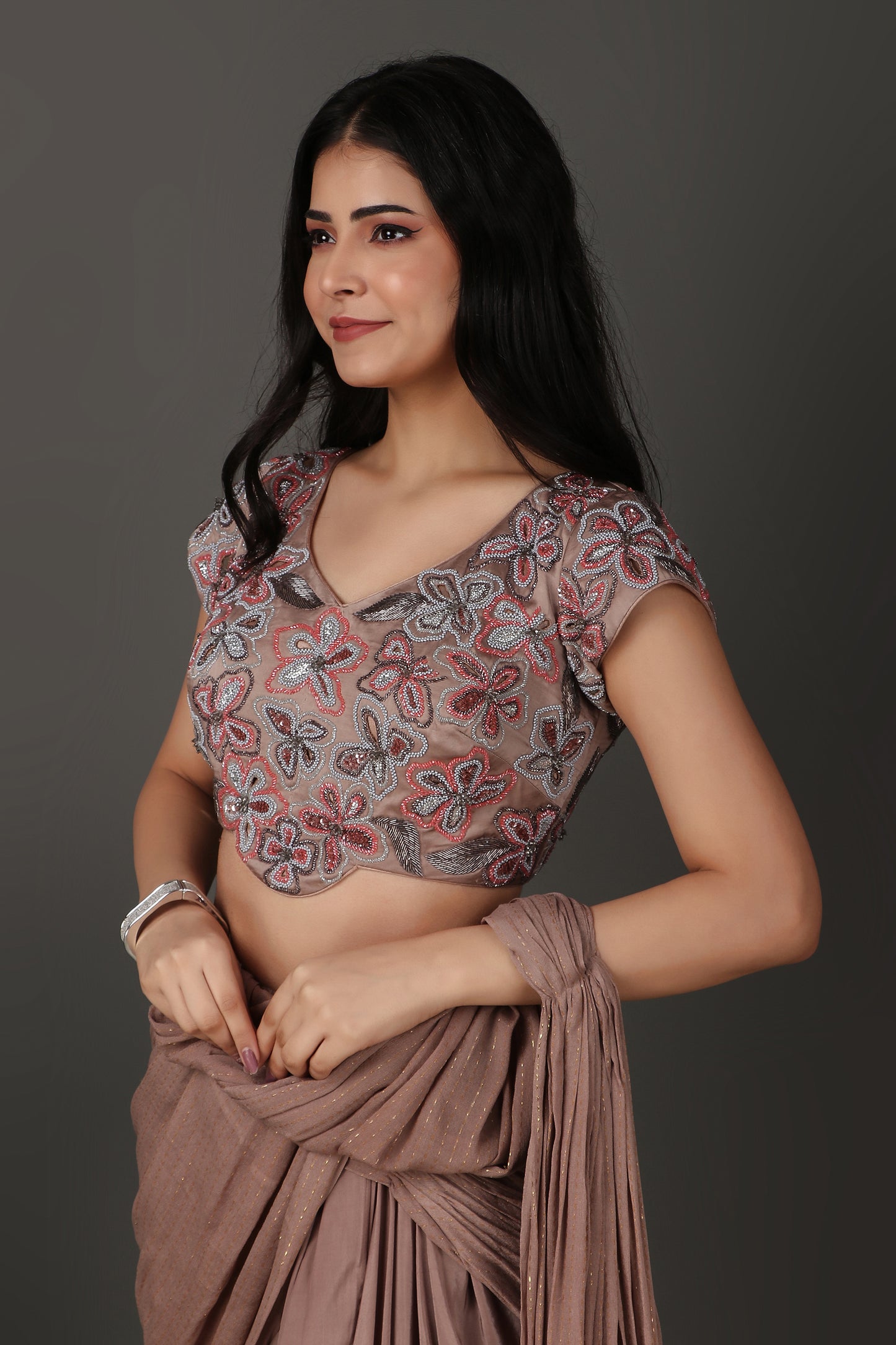 Luxury Pearl and Cutdana Crystal Mouse Drape Saree for Women