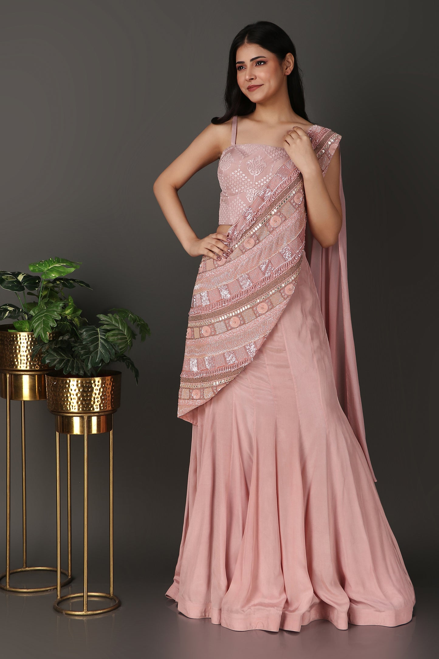 Pink Festive Wear Draped Saree with Heavy Pallu Detailing and Organza Blouse
