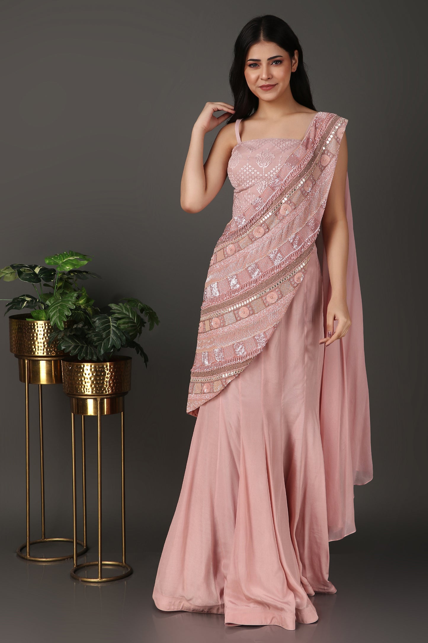 Pink Festive Wear Draped Saree with Heavy Pallu Detailing and Organza Blouse