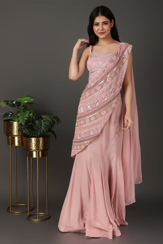 Pink Festive Wear Draped Saree with Heavy Pallu Detailing and Organza Blouse