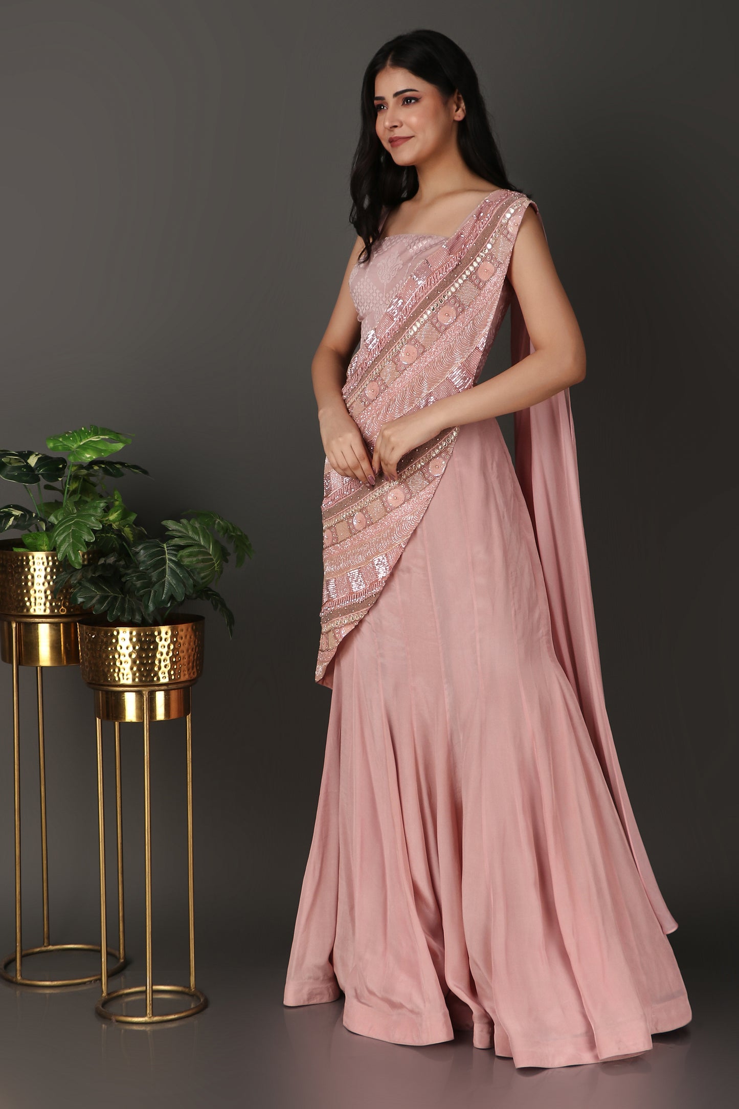 Pink Festive Wear Draped Saree with Heavy Pallu Detailing and Organza Blouse