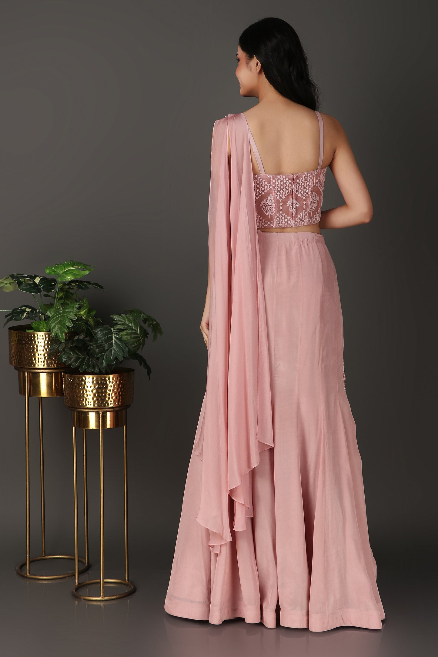 Pink drape saree with heavy handwork