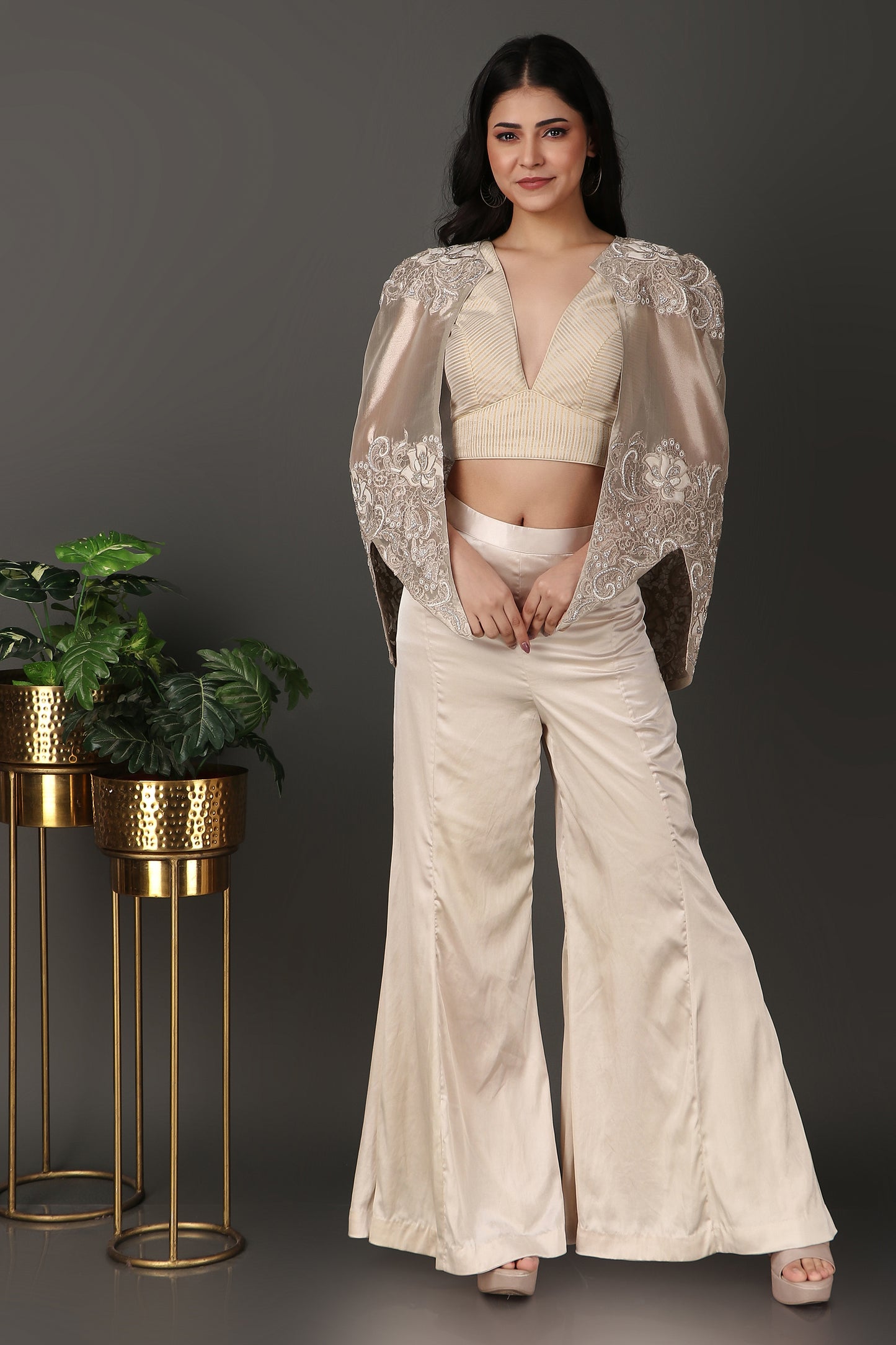 Ivory Luxury Co-Ord Set with Statement Embroidered Cape