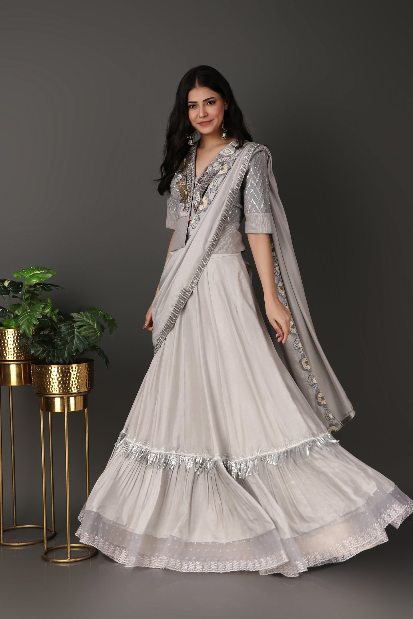 Grey jacket style blouse with saree